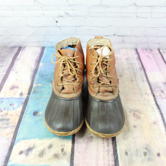 Vintage LL Bean Unlined Brown Leather Lace Up Leather Duck Boots Size 7 - Picture 5 of 9